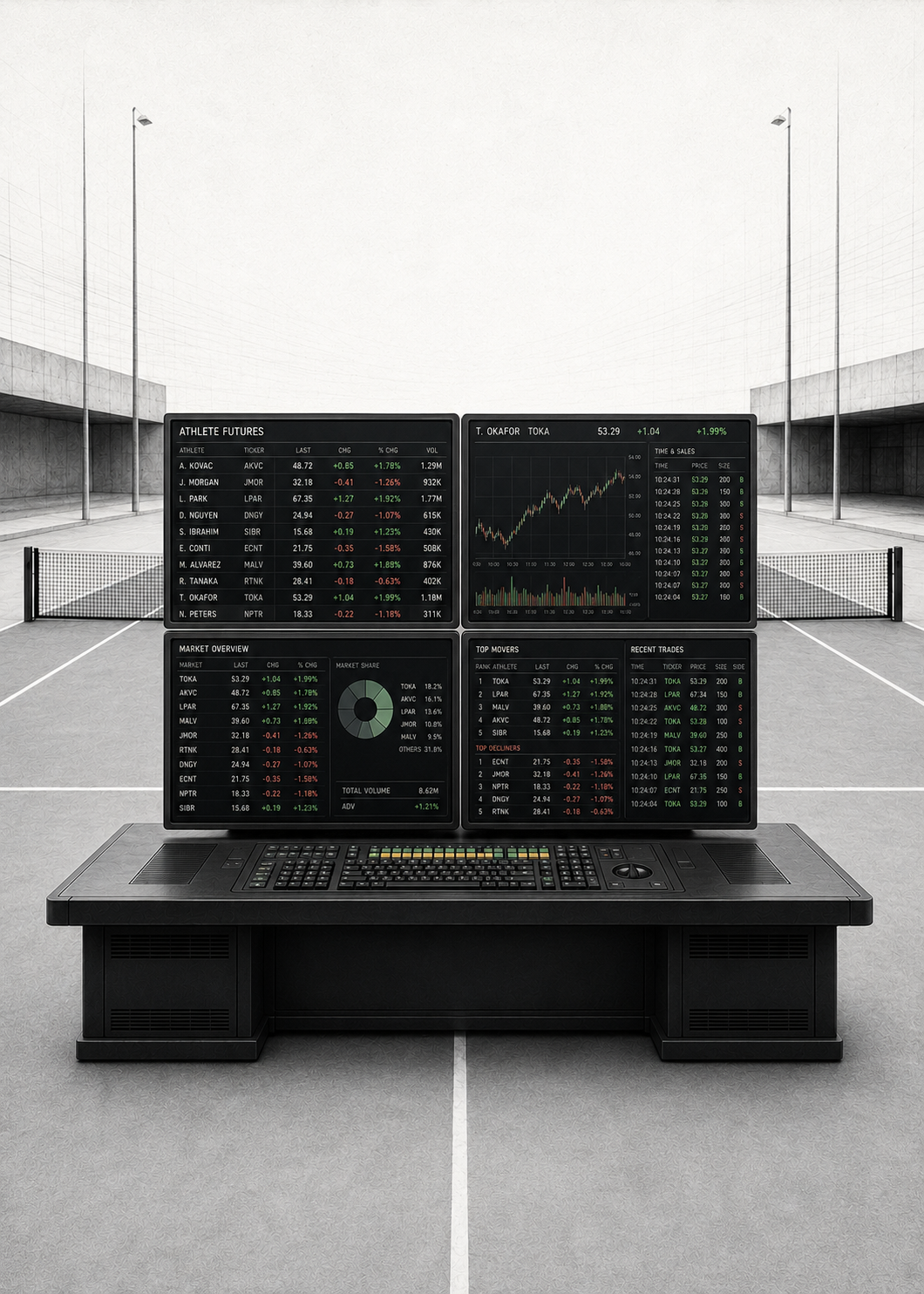 A trading terminal on a tennis court displaying an "Athlete Futures" market with tickers for individual players