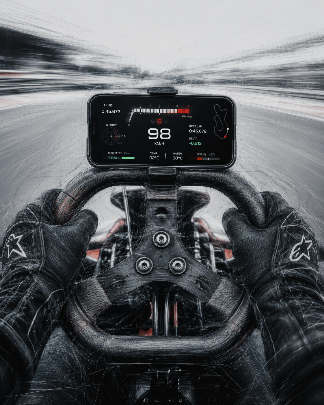 First-person view from a go-kart cockpit with an iPhone mounted to the wheel displaying live telemetry.